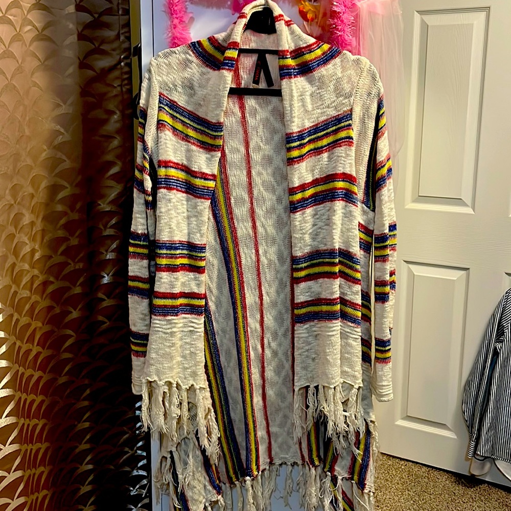 Yoki long colorful sweater with fringe Size M